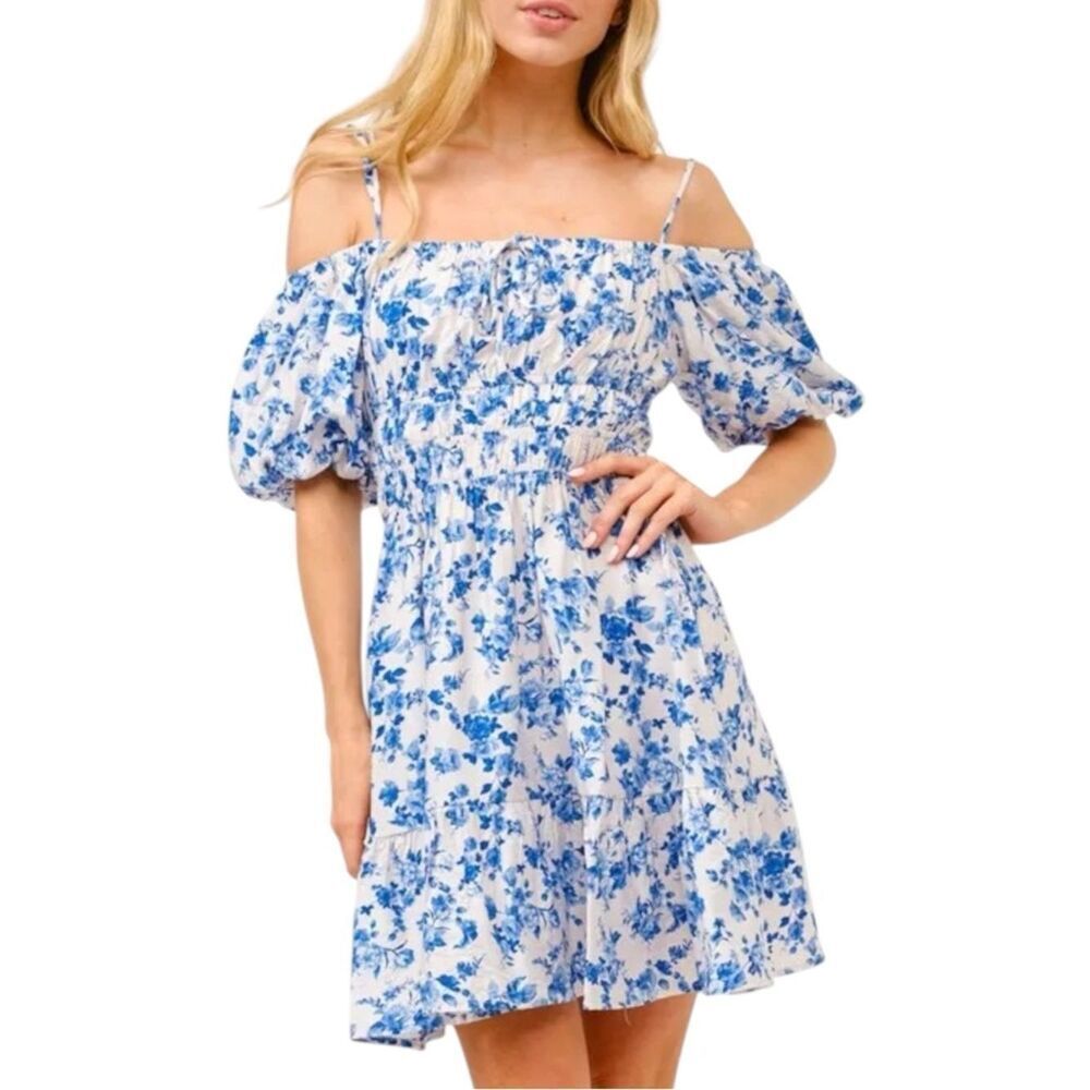 Ditsy Floral Mini Dress Blue White Off Shoulder Bubble Sleeve | and the why
